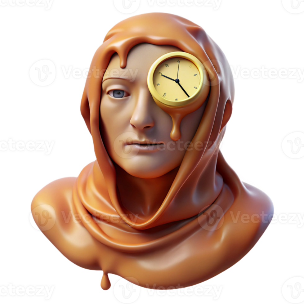 stunning vintage A surreal portrait of a melting clock draped over a human head, the face obscured, Dali esque style exclusive png