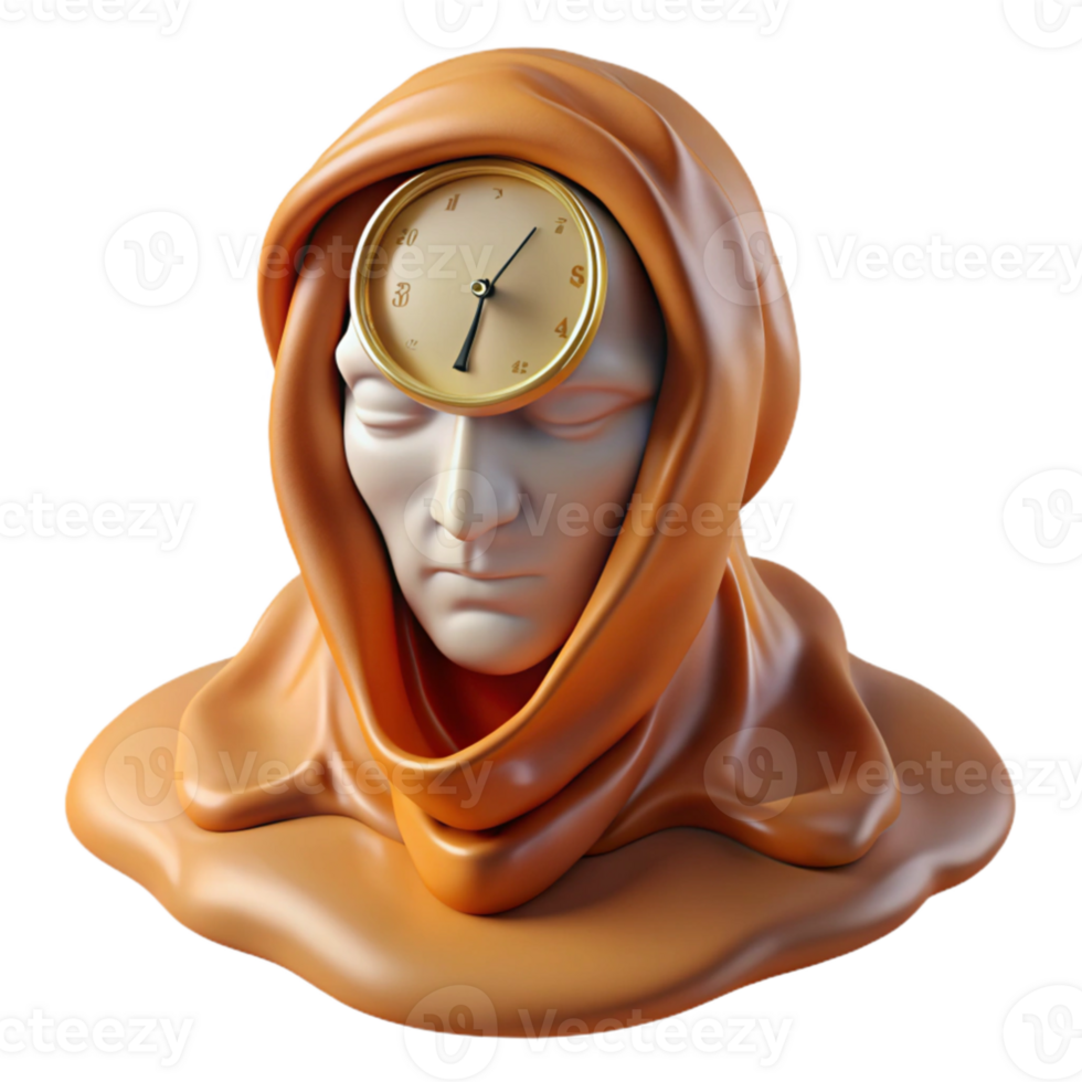 magnificent modern A surreal portrait of a melting clock draped over a human head, the face obscured, Dali esque style high resolution png