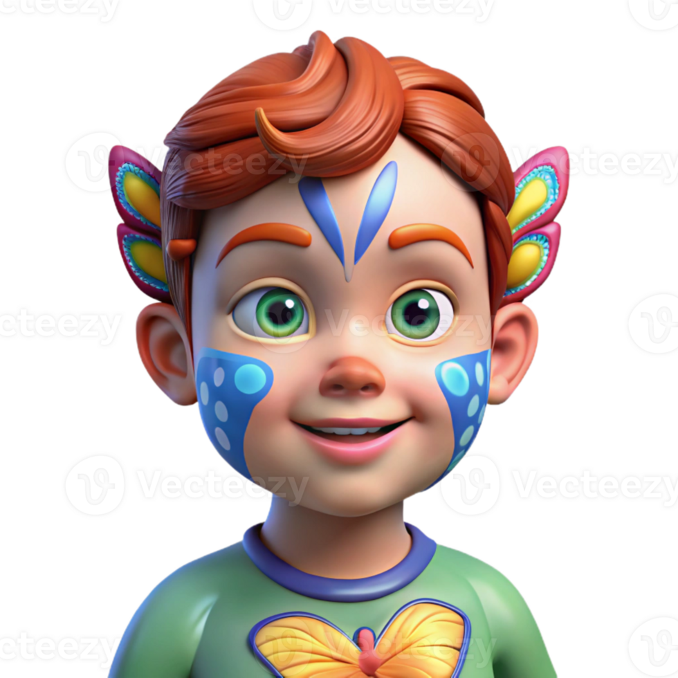 vibrant rustic Portrait of a young child with vibrant face paint resembling a butterfly, wide eyed and innocent, brightly lit high resolution png