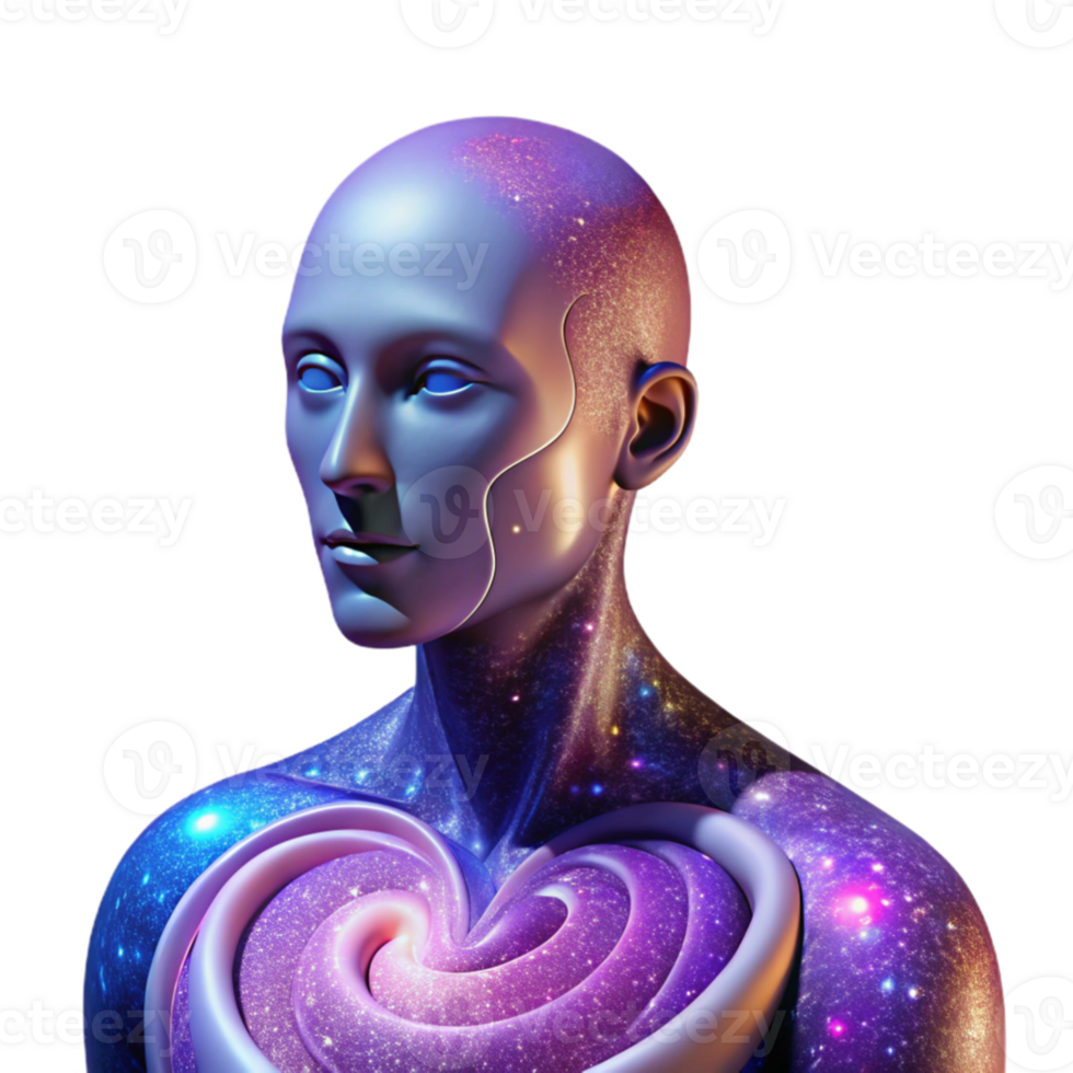 impressive classic An abstract portrait of a human form composed of swirling galaxies and nebulae, cosmic and vibrant, no distinct facial features original png