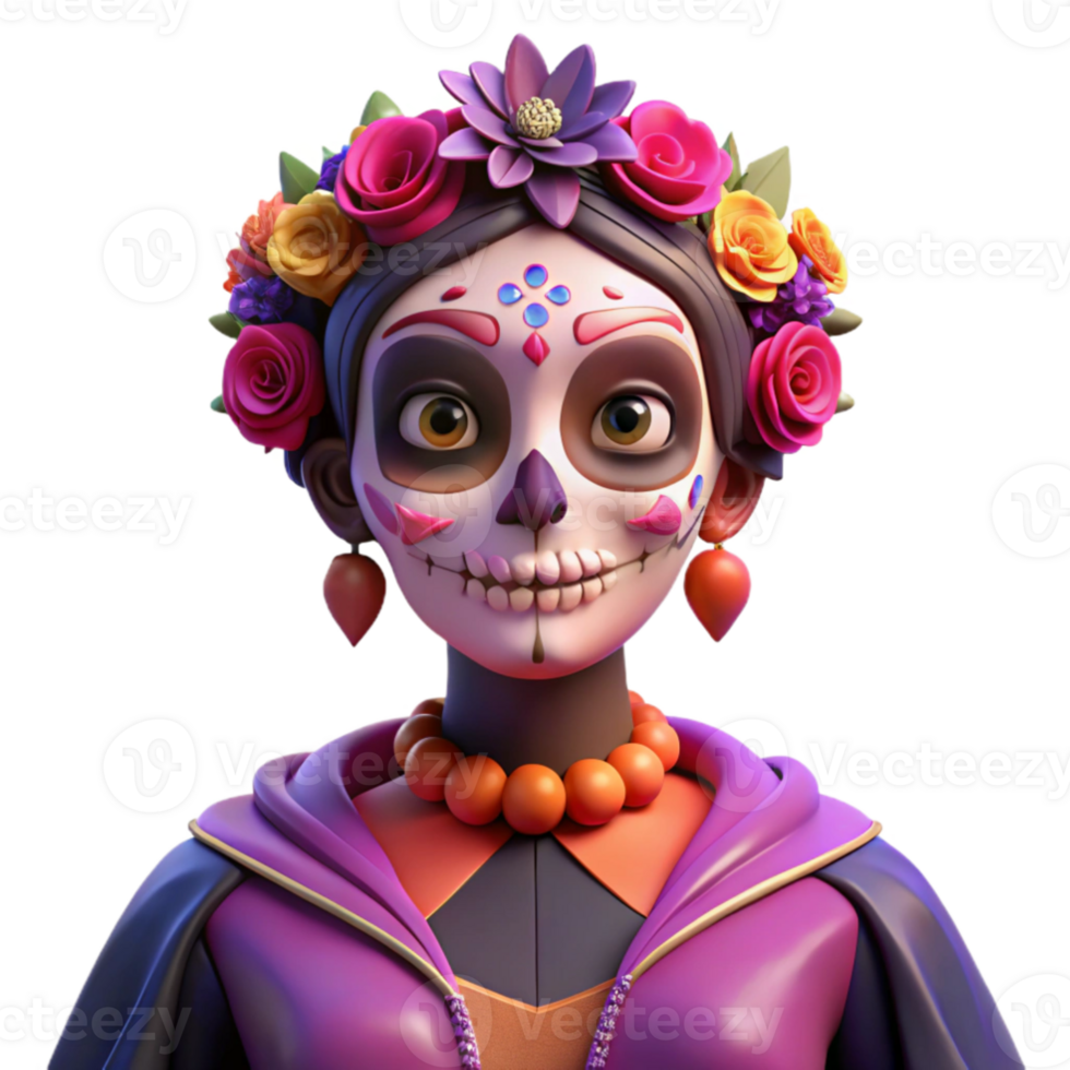 stunning vintage Portrait of a skeletal figure adorned with elaborate Day of the Dead makeup and headdress, vibrant and festive lighting premium png