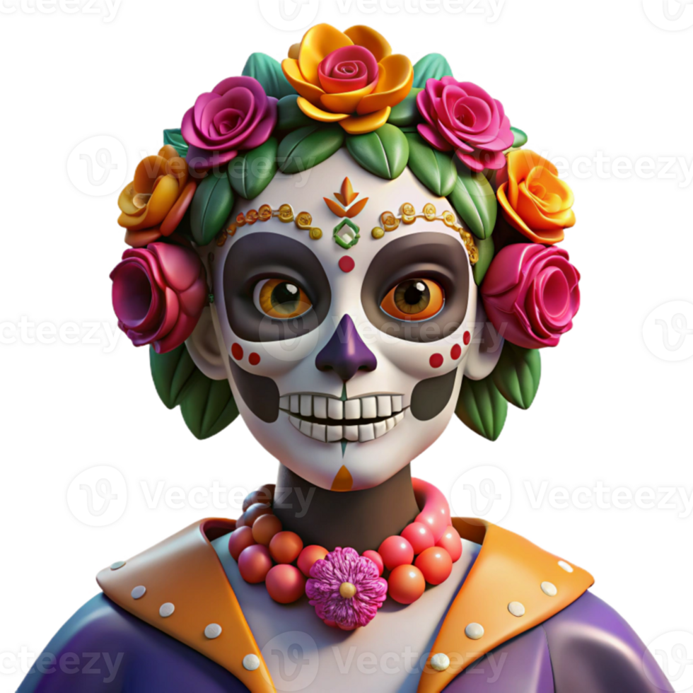 beautiful artistic Portrait of a skeletal figure adorned with elaborate Day of the Dead makeup and headdress, vibrant and festive lighting professional png