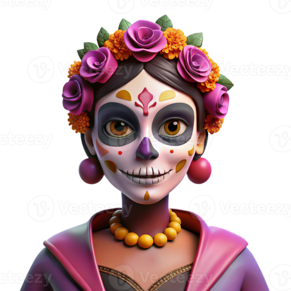 stunning minimalist Portrait of a skeletal figure adorned with elaborate Day of the Dead makeup and headdress, vibrant and festive lighting high resolution png