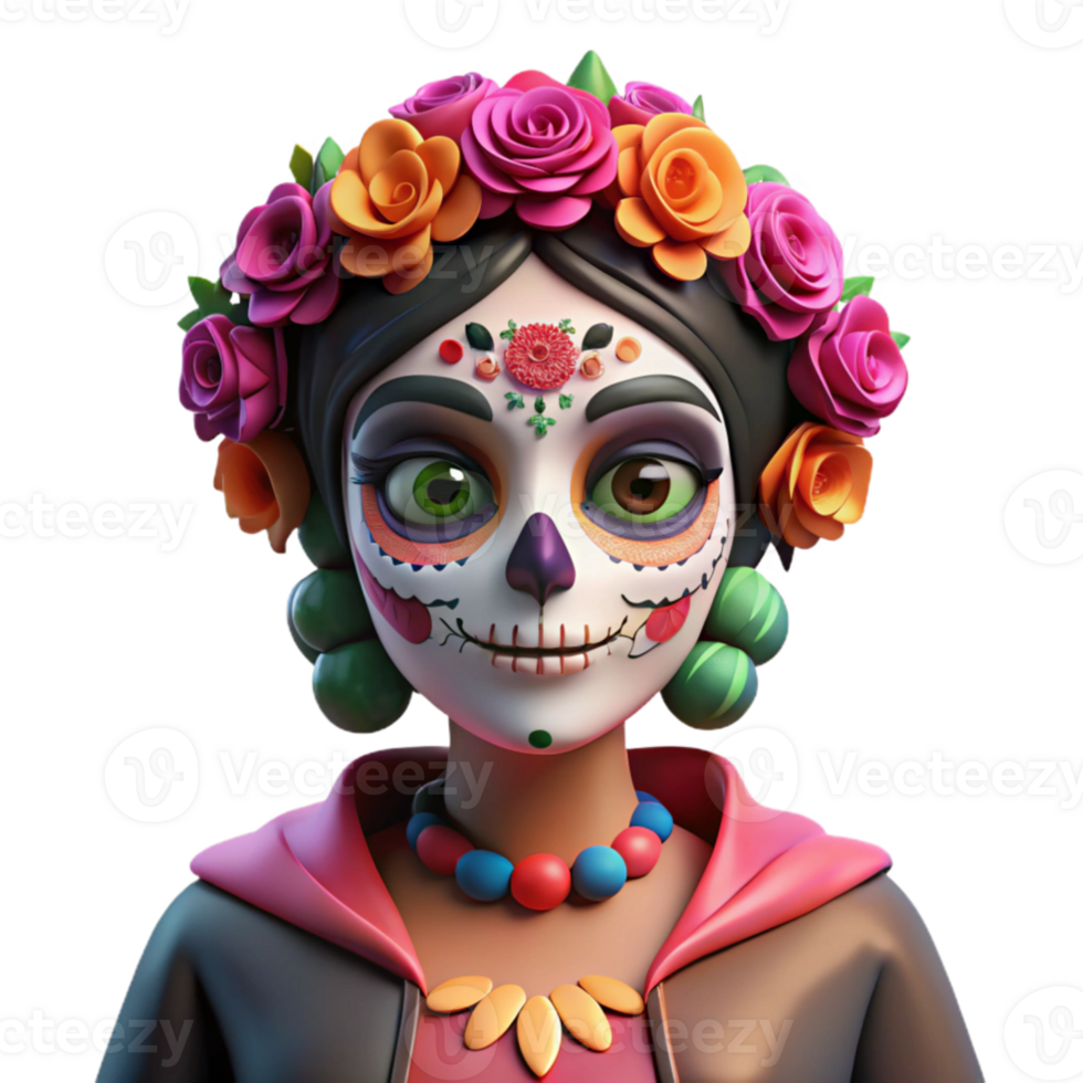 extraordinary rustic Portrait of a skeletal figure adorned with elaborate Day of the Dead makeup and headdress, vibrant and festive lighting professional png