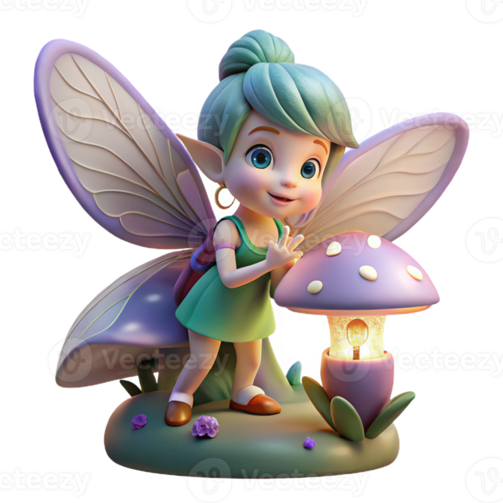 vibrant minimalist A mischievous pixie with iridescent wings, holding a flickering firefly lantern, hidden within a giant, bioluminescent mushroom forest, lit by soft, ethereal light.... png