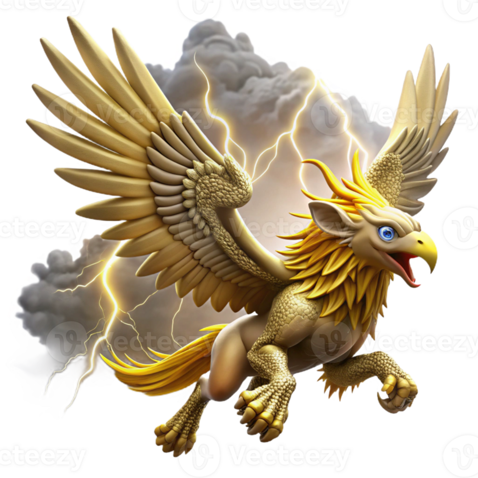 magnificent traditional A majestic griffin with golden feathers and piercing sapphire eyes, soaring through a storm ridden sky, illuminated by flashes of lightning. Epic, realistic style detailed png
