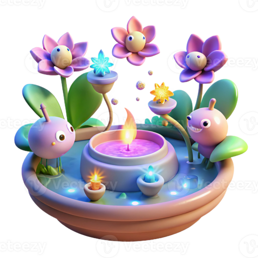 beautiful creative A group of playful sprites dancing around a bubbling spring, surrounded by colorful, glowing flowers, lit by a soft, magical glow. Whimsical, storybook style original png