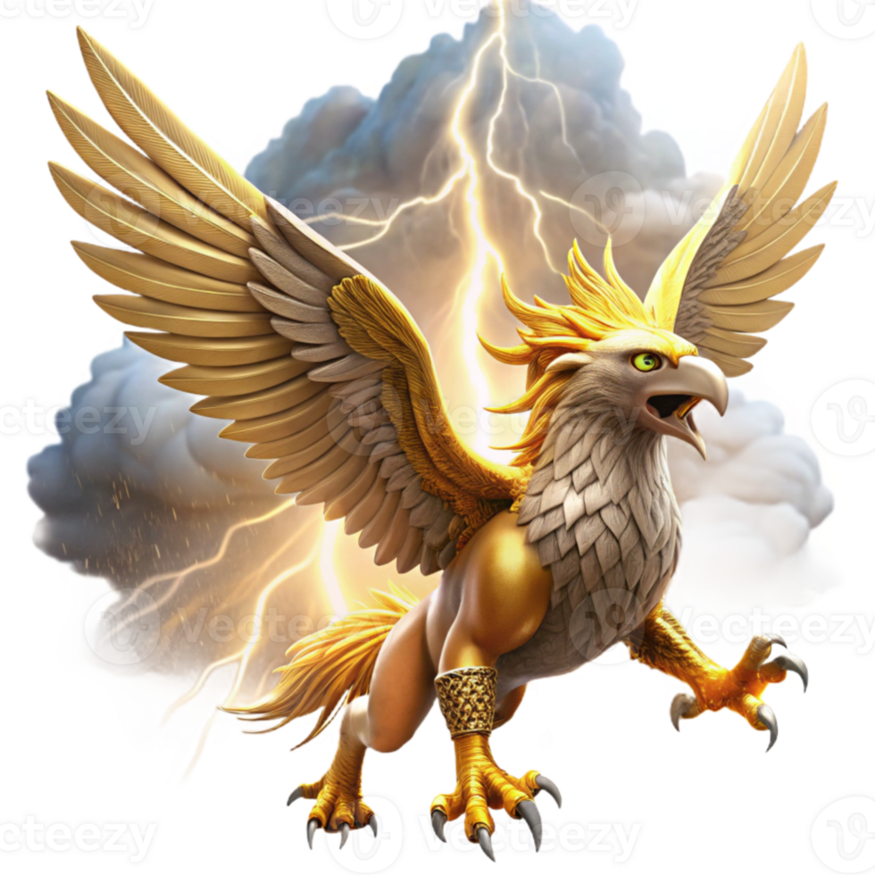 serene rustic A majestic griffin with golden feathers and piercing sapphire eyes, soaring through a storm ridden sky, illuminated by flashes of lightning. Epic, realistic style original png