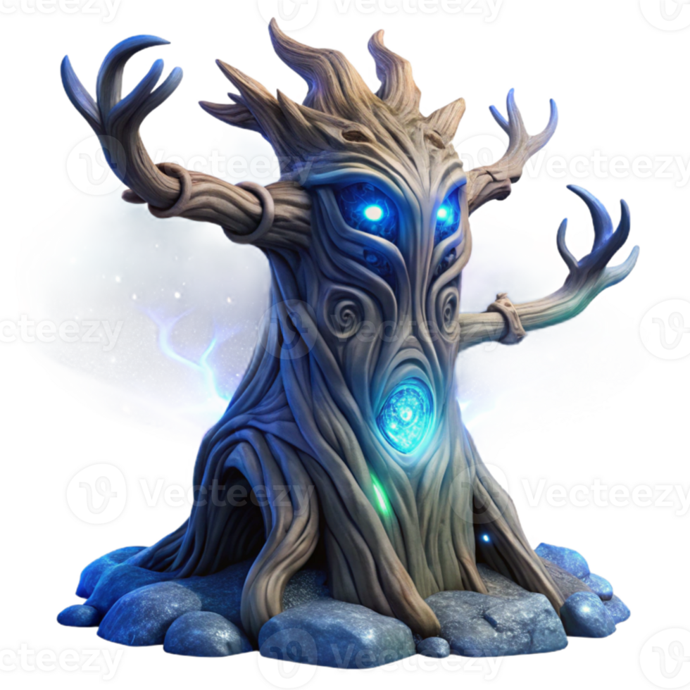 vibrant creative A colossal, ancient tree spirit with glowing runes carved into its bark, reaching towards a swirling nebula in the night sky, illuminated by starlight.... png