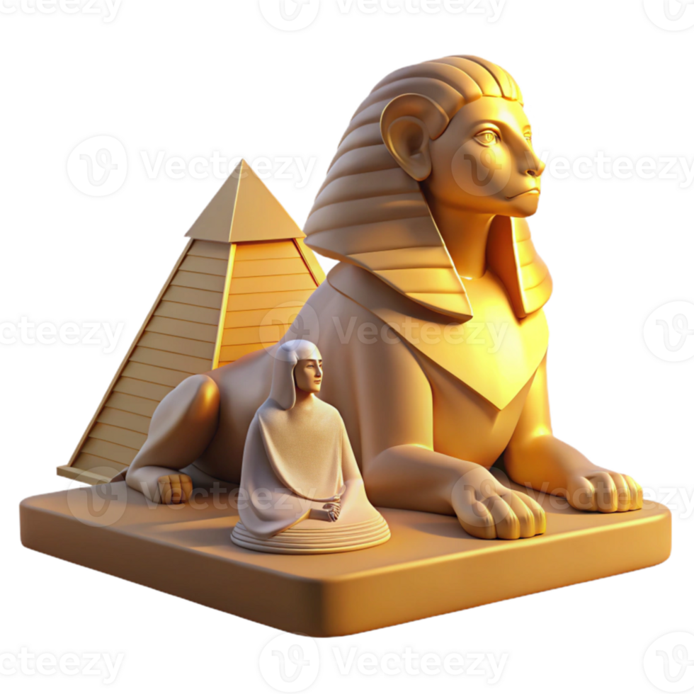 magnificent minimalist A mysterious sphinx with the body of a lion and the head of a woman, gazing enigmatically at a distant pyramid, bathed in the golden light of dawn.... png