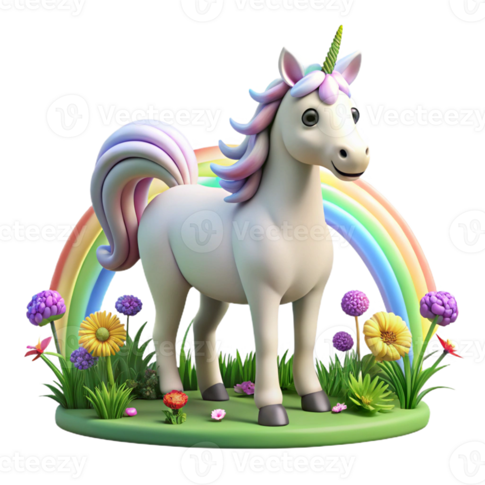 elegant abstract A benevolent unicorn with a coat of pure white and a spiraling horn of gold, standing in a meadow of blooming wildflowers, lit by a rainbow. Magical, whimsical style high resolution png