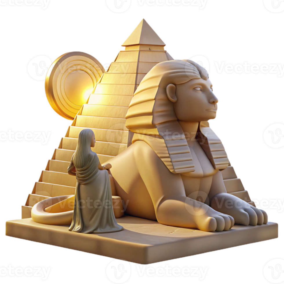 vibrant vintage A mysterious sphinx with the body of a lion and the head of a woman, gazing enigmatically at a distant pyramid, bathed in the golden light of dawn. Ancient, symbolic style 4K png
