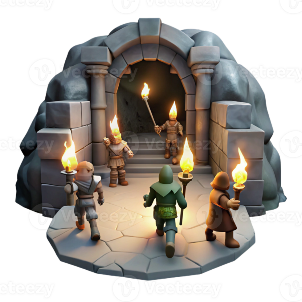 extraordinary abstract A group of adventurers exploring a dark, cavernous dungeon, illuminated by the light of their torches, revealing ancient carvings on the walls.... png