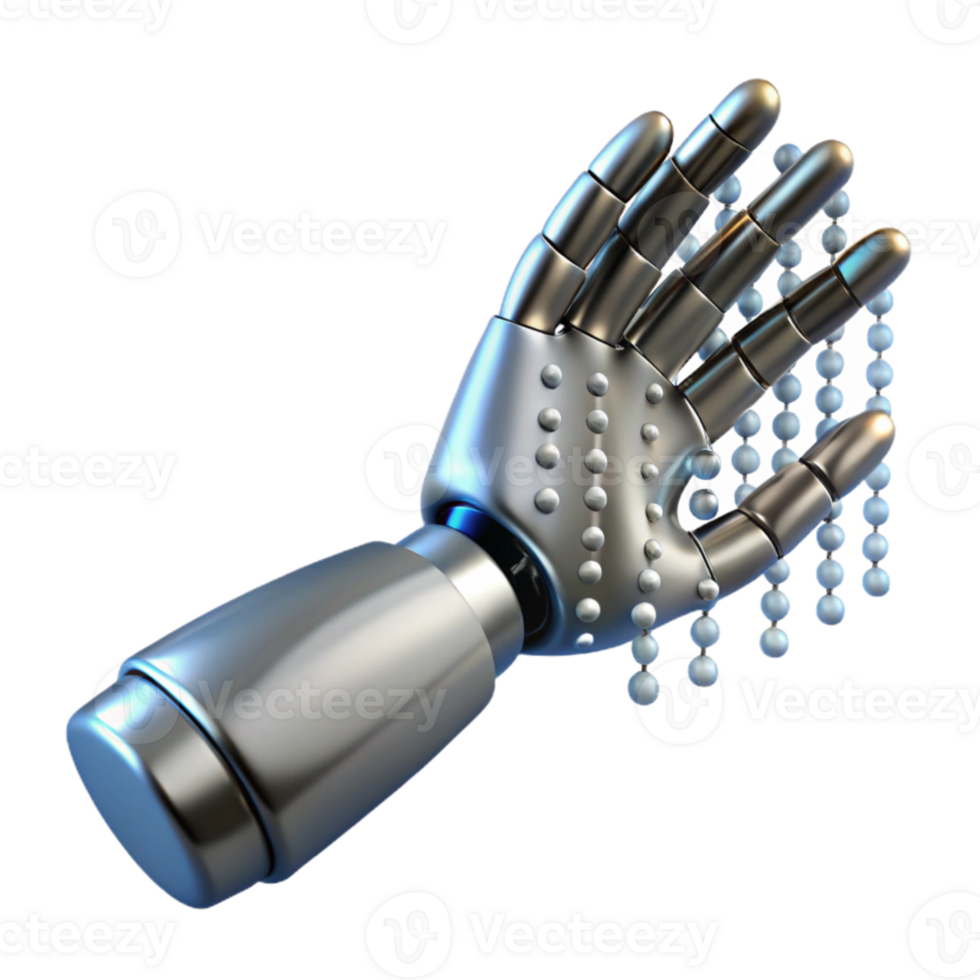 vibrant traditional A single, sleek silver robotic hand reaching out to touch a shimmering data stream composed of binary code, dramatic chiaroscuro lighting high resolution png