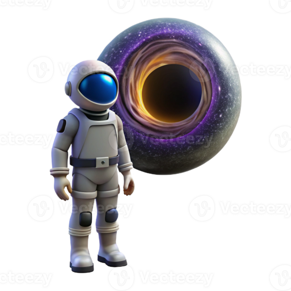 dramatic modern A lone astronaut wearing a futuristic spacesuit, gazing at a colossal black hole, vibrant nebulae swirling around it, cosmic horror style high resolution png