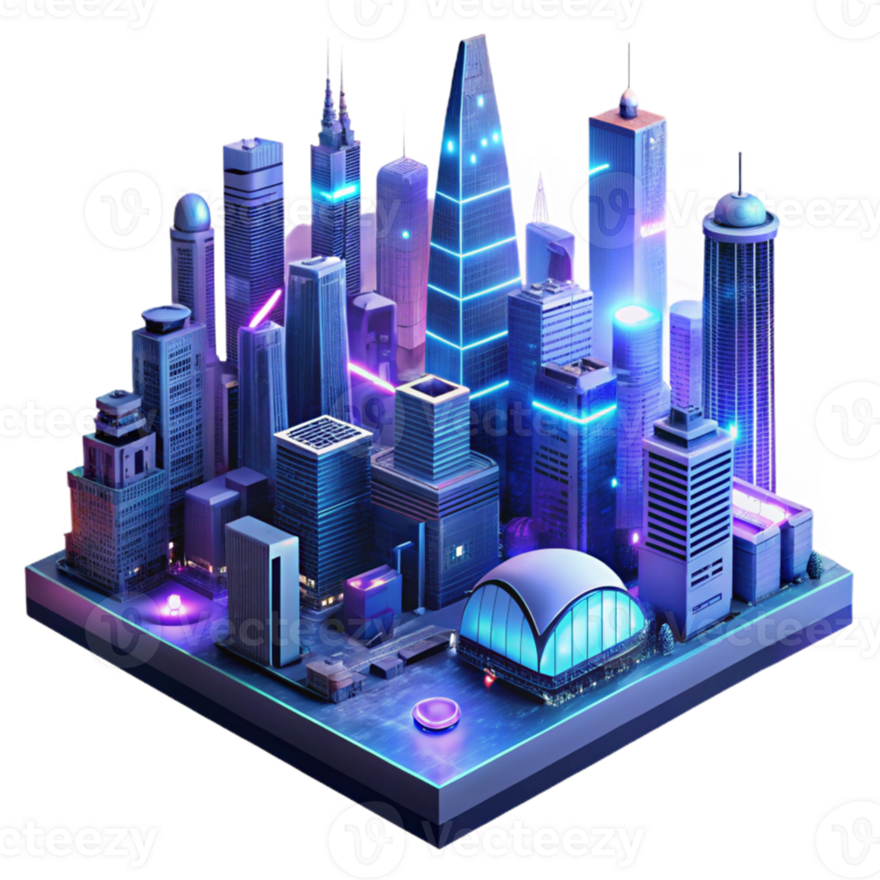 vibrant traditional A futuristic cityscape at night, towering skyscrapers with holographic advertisements, flying vehicles weaving between buildings, rain slicked streets reflecting neon lights,... png