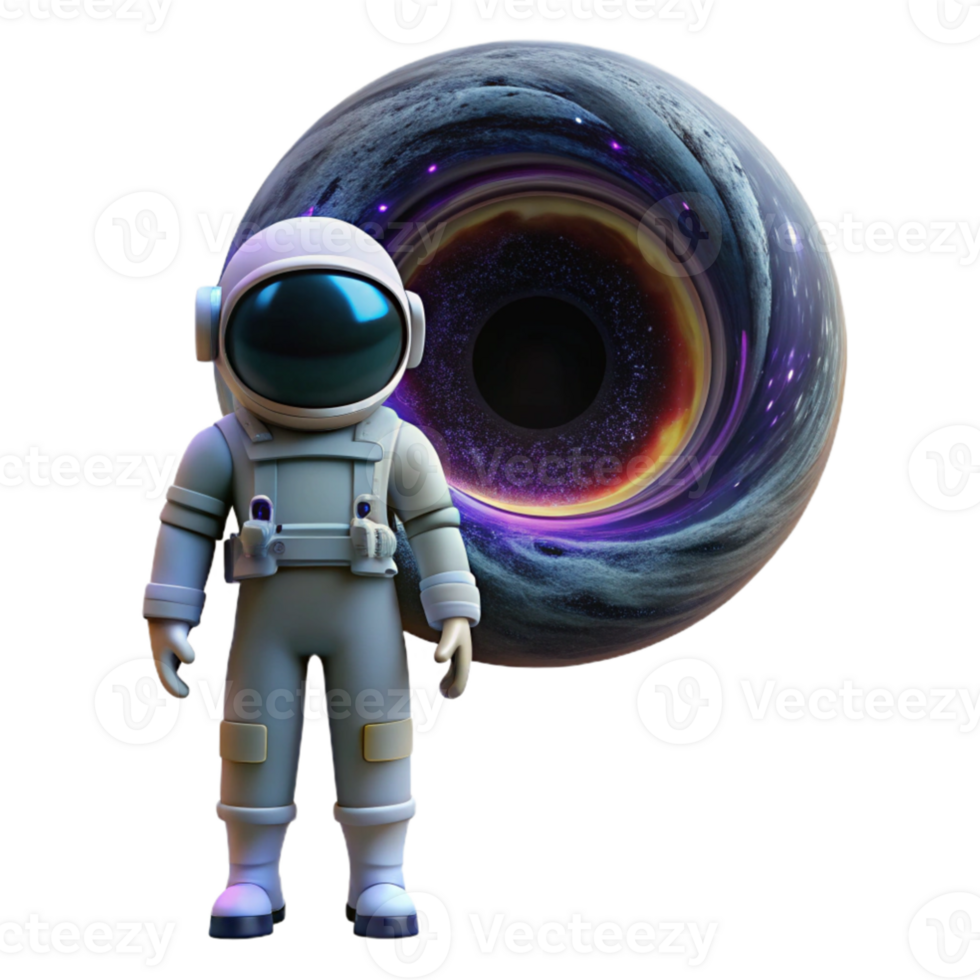 elegant classic A lone astronaut wearing a futuristic spacesuit, gazing at a colossal black hole, vibrant nebulae swirling around it, cosmic horror style genuine png