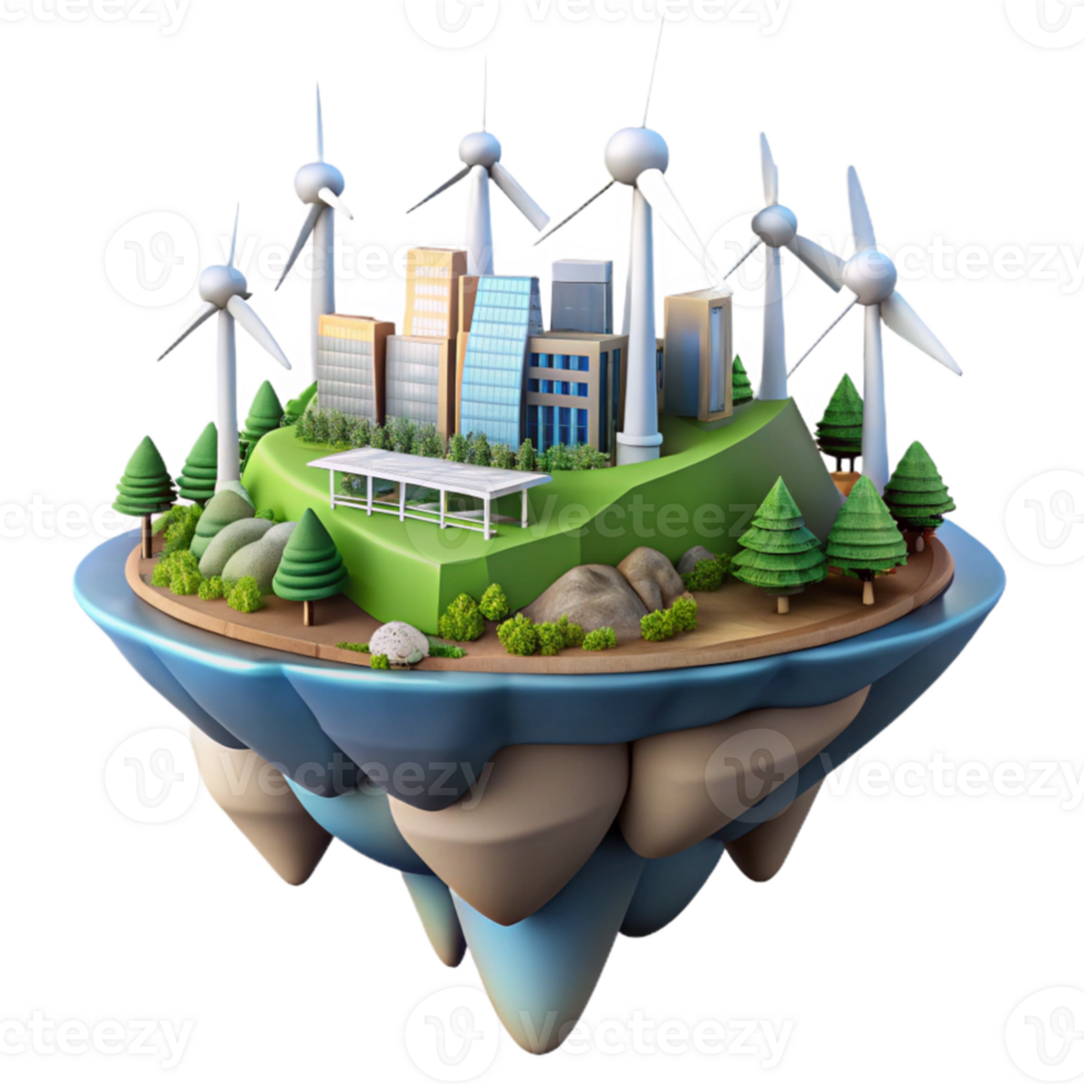 vibrant vintage A floating island city powered by wind turbines and solar panels, lush vegetation cascading down its sides, vibrant daylight, art nouveau style genuine png