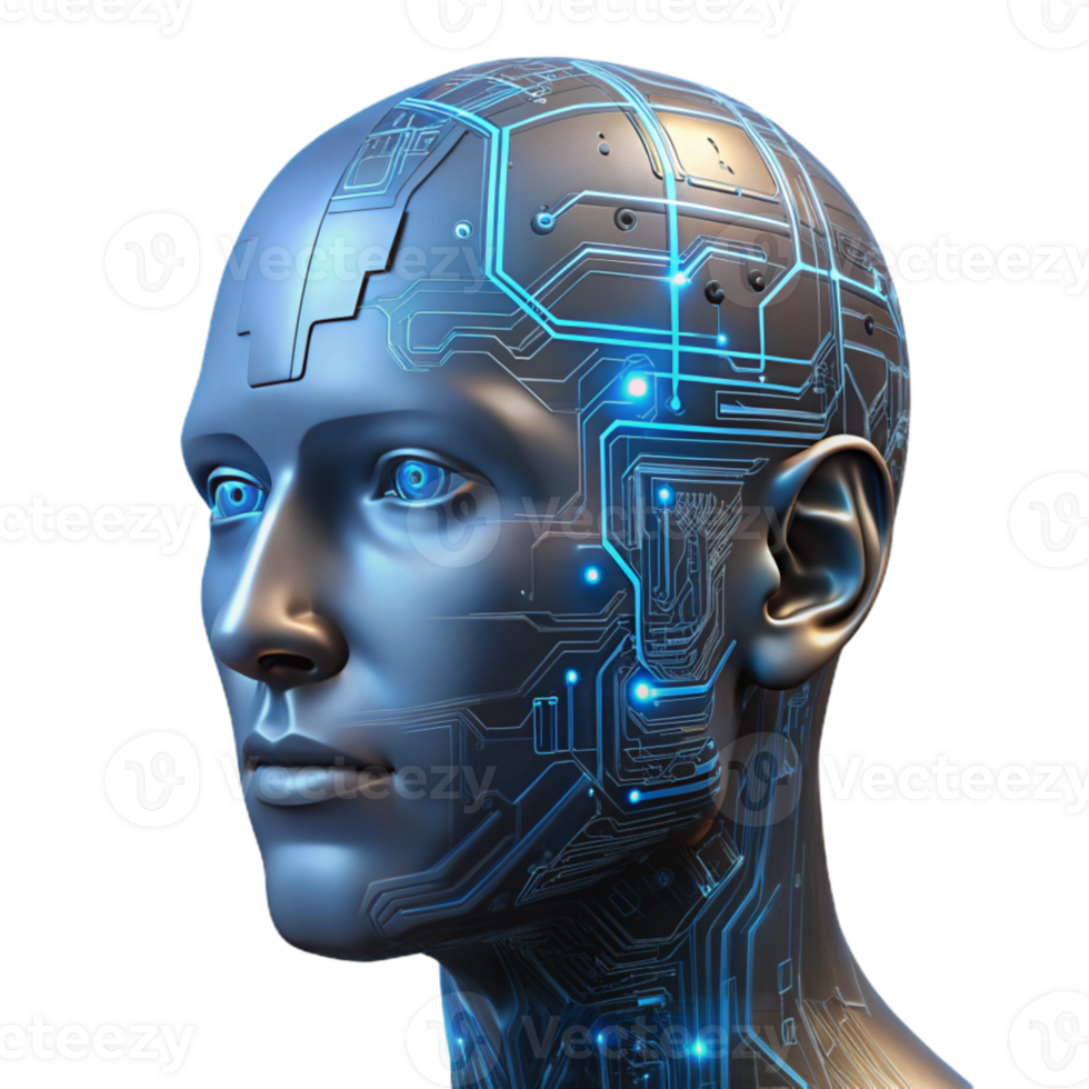beautiful artistic A transparent human head filled with swirling digital data, glowing circuit patterns visible on the skin, cyberpunk, dark and moody lighting original png