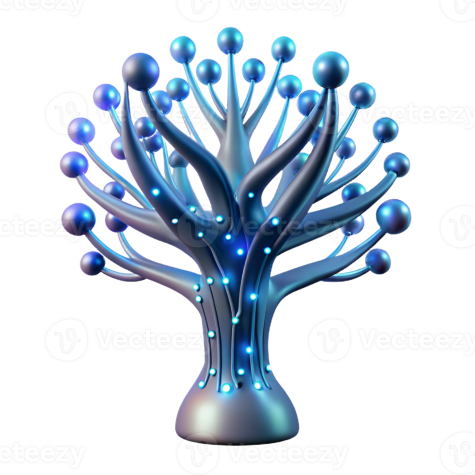 impressive modern A futuristic, bioluminescent tree with glowing branches reaching towards a night sky filled with binary code, ethereal and mystical style original png