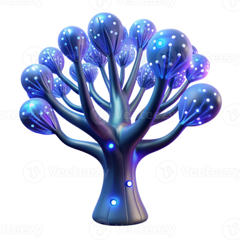 impressive artistic A futuristic, bioluminescent tree with glowing branches reaching towards a night sky filled with binary code, ethereal and mystical style detailed png