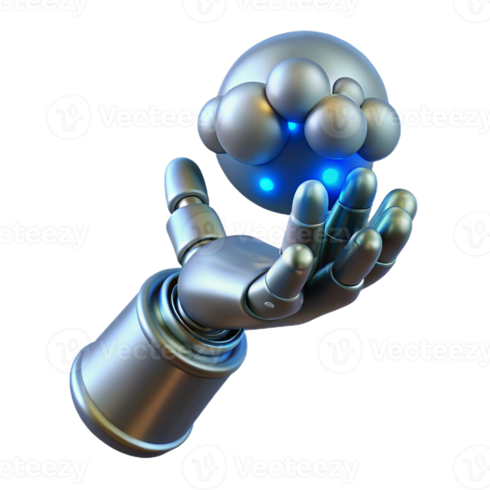 stunning modern A giant, metallic hand reaching down from the clouds, holding a glowing orb of data, epic scale, dramatic lighting 4K png