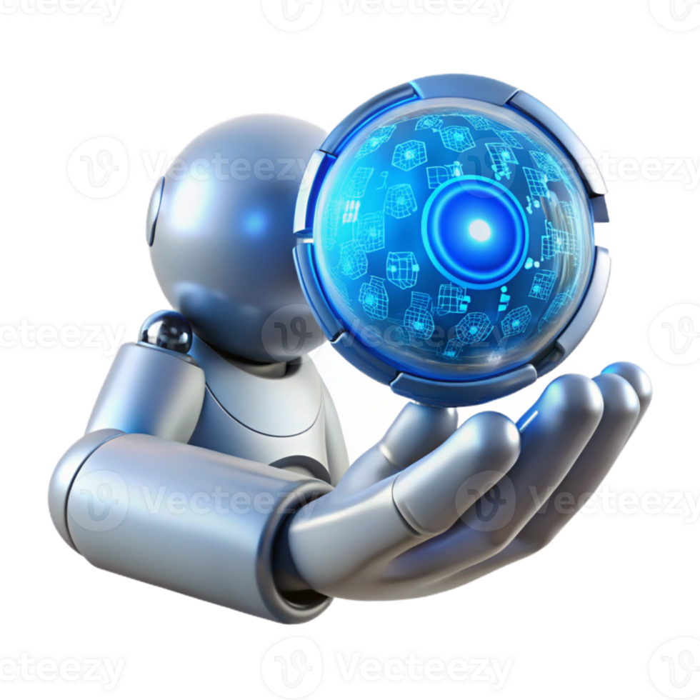 wonderful creative A chrome robot hand delicately holding a glowing blue orb of data, intricate circuitry visible beneath its polished surface, lit by a soft, ethereal glow genuine png