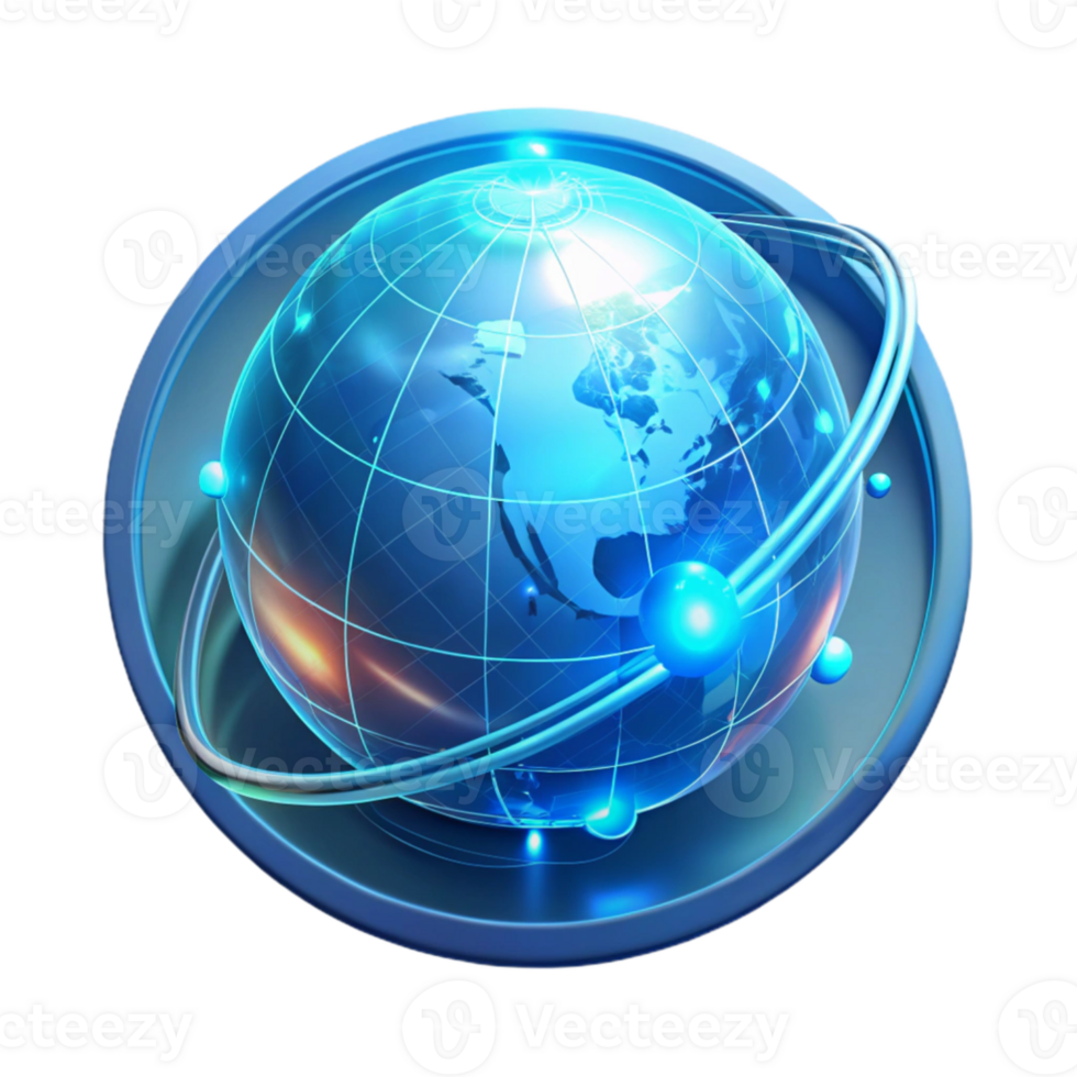 vibrant traditional A transparent holographic projection of the Earth rotating, continents outlined in glowing lines, futuristic data interface elements, cool blue lighting authentic png