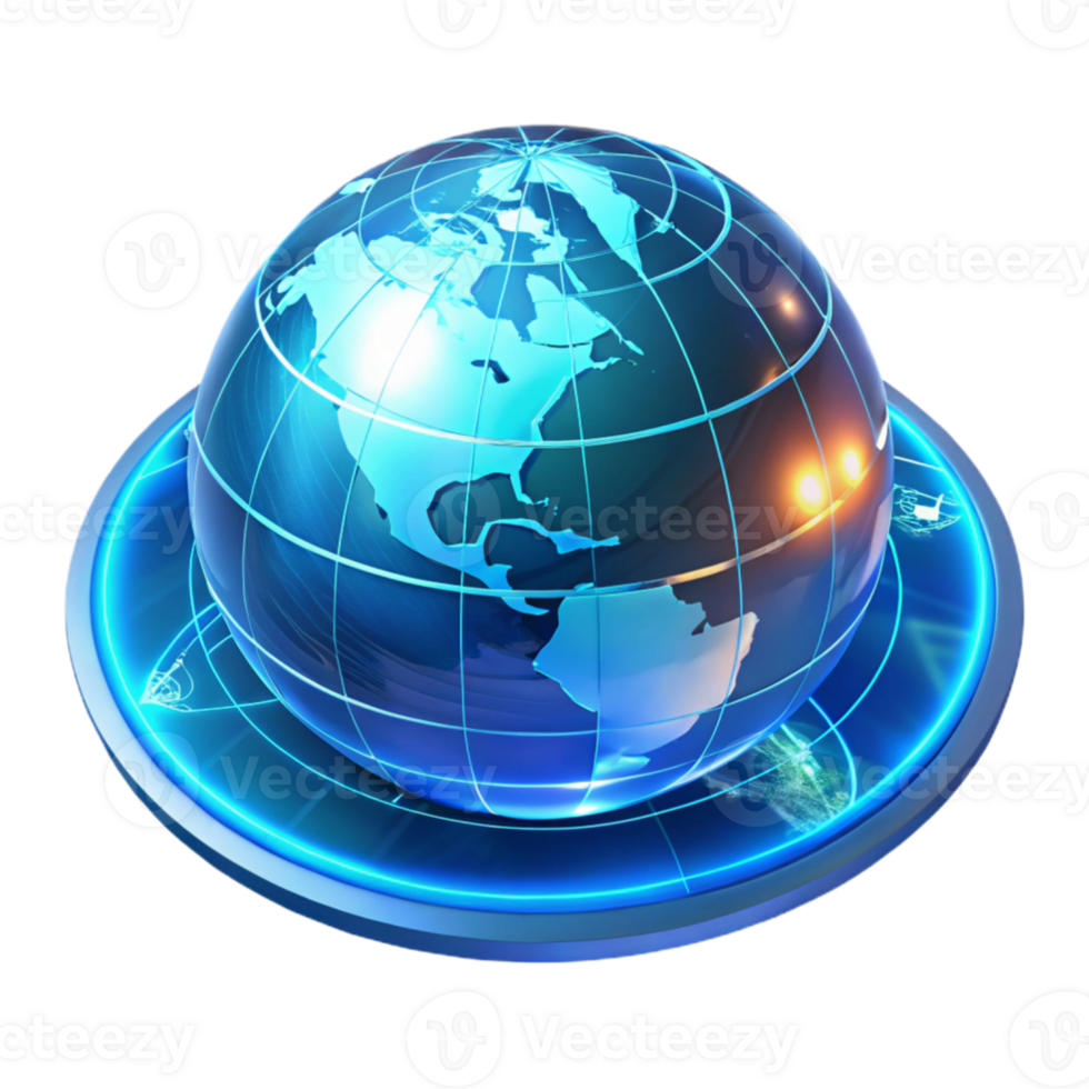 stunning classic A transparent holographic projection of the Earth rotating, continents outlined in glowing lines, futuristic data interface elements, cool blue lighting exclusive png