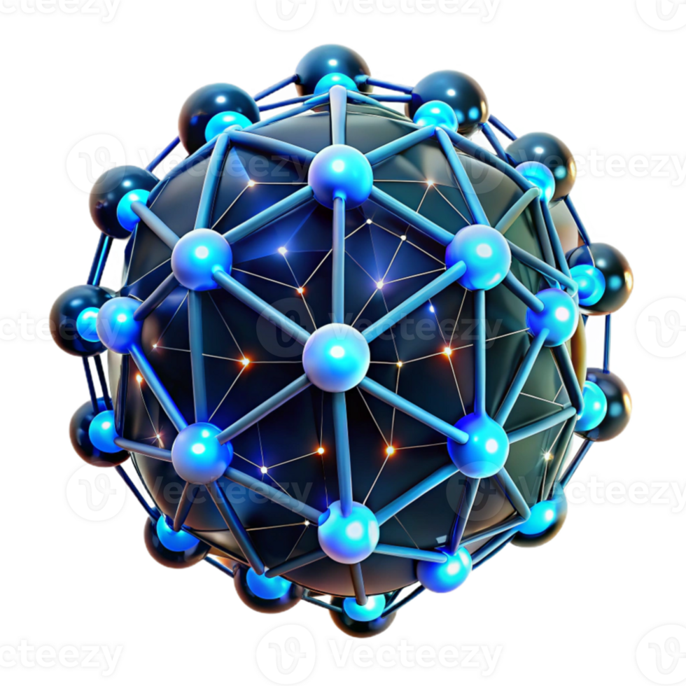 magnificent creative A network of interconnected glowing nodes forming the shape of a human brain, complex patterns, dark background with bright neon lines authentic png