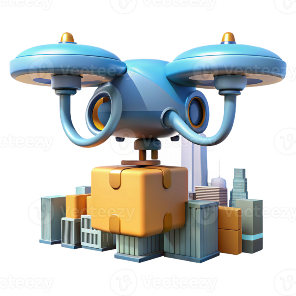impressive abstract A drone delivering a package, futuristic design, city skyline in the background blurred, bright daylight professional png