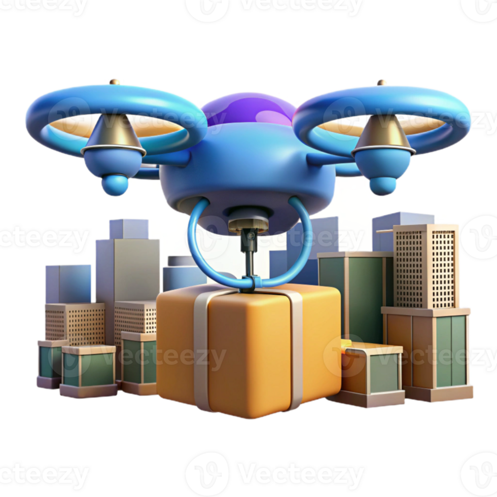 vibrant modern A drone delivering a package, futuristic design, city skyline in the background blurred, bright daylight authentic png