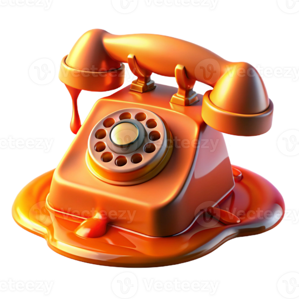 stunning modern A vintage rotary phone melting into a puddle of liquid metal, vibrant orange and red hues, lit by a harsh, spotlight effect exclusive png