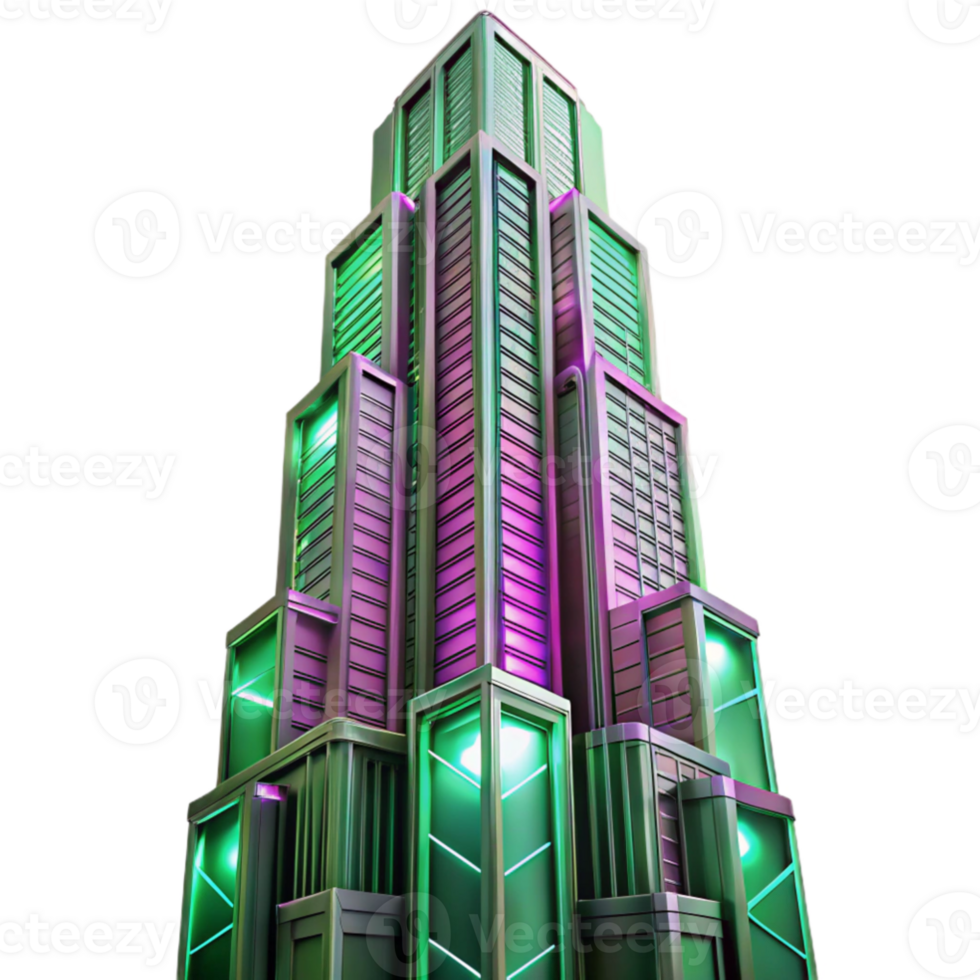 extraordinary artistic A towering Art Deco skyscraper made entirely of interconnected circuit boards, pulsing with neon pink and green energy, viewed from a low angle, cinematic lighting professional png