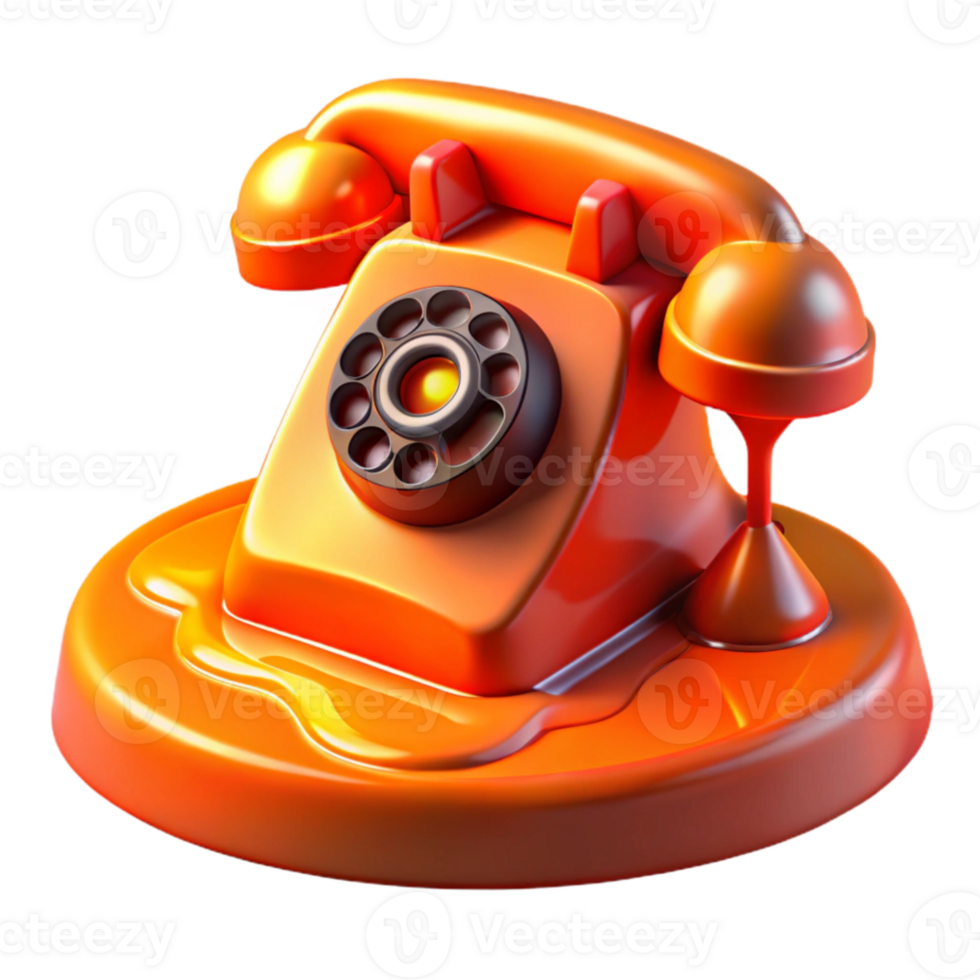 magnificent minimalist A vintage rotary phone melting into a puddle of liquid metal, vibrant orange and red hues, lit by a harsh, spotlight effect high resolution png
