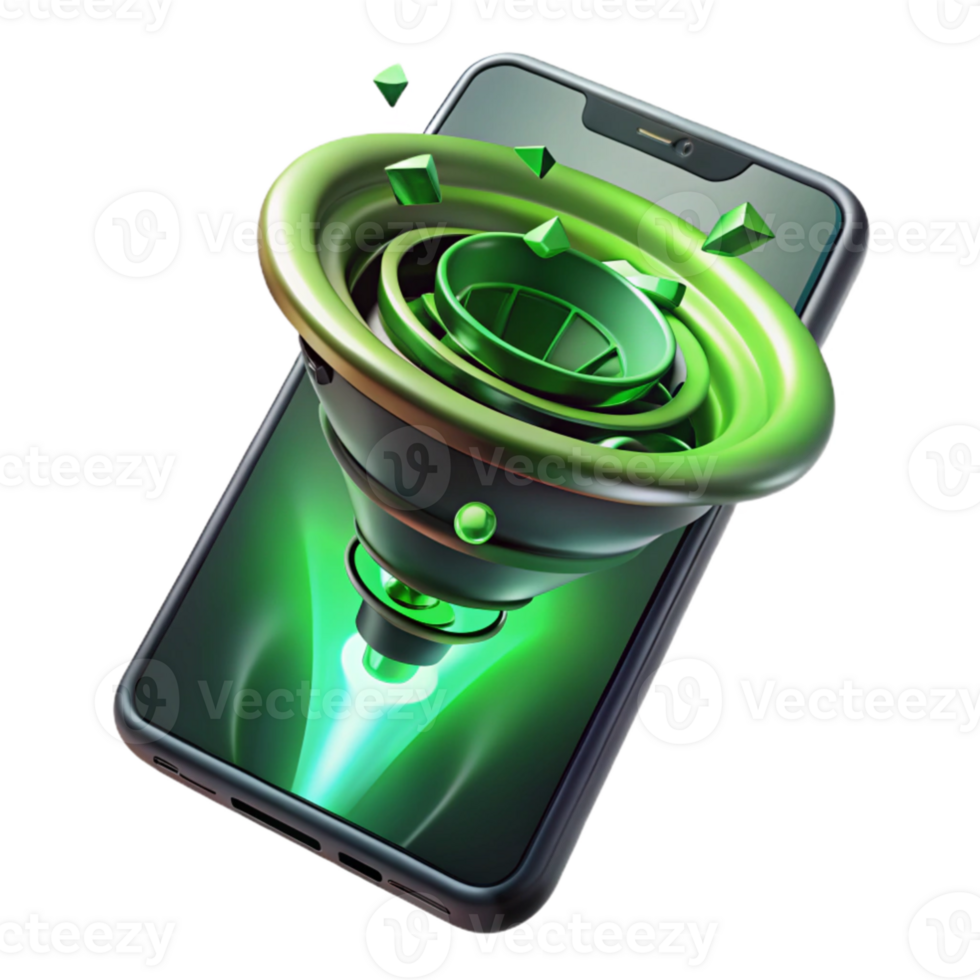 impressive vintage A cracked smartphone screen displaying a swirling vortex of binary code, green and black colors, dramatic backlighting high quality png