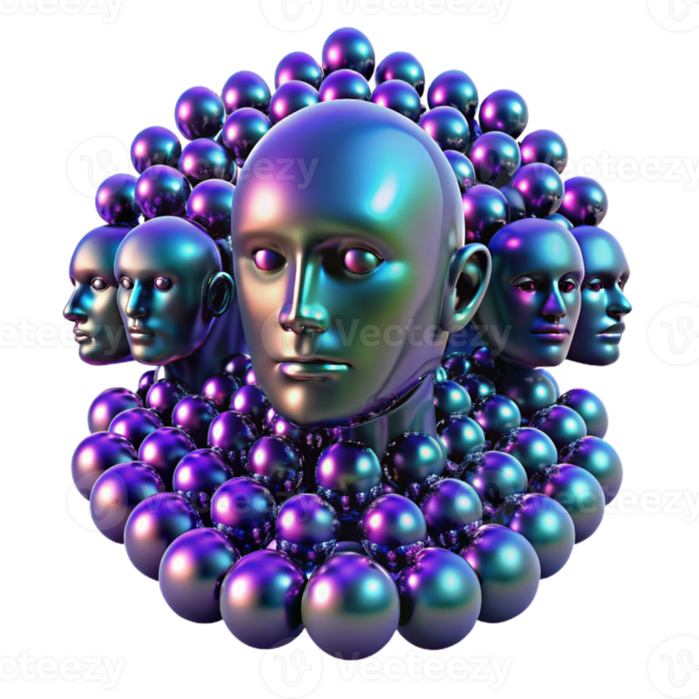 elegant classic A swarm of nanobots forming the shape of a human face, individual bots shimmering with iridescent colors, dramatic chiaroscuro lighting exclusive png
