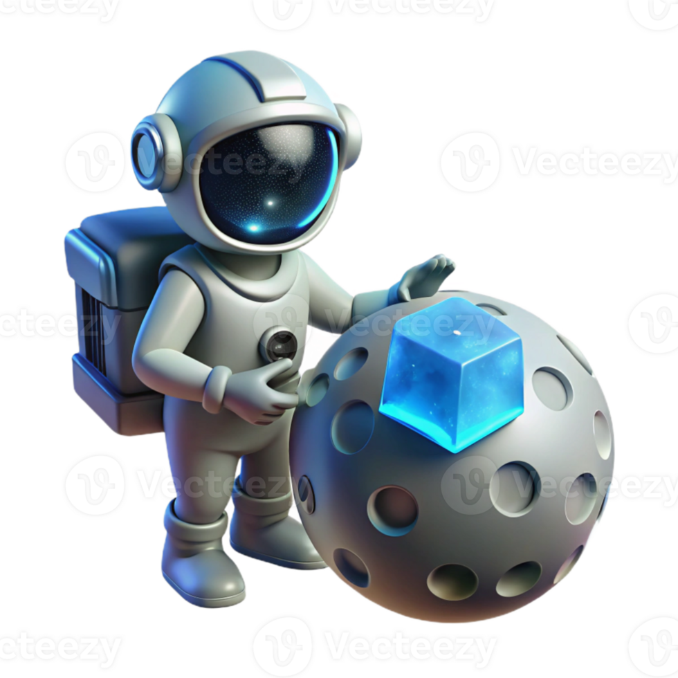beautiful abstract A lone astronaut holding a glowing data cube on a desolate, metallic planet, cool, blue moonlight original png