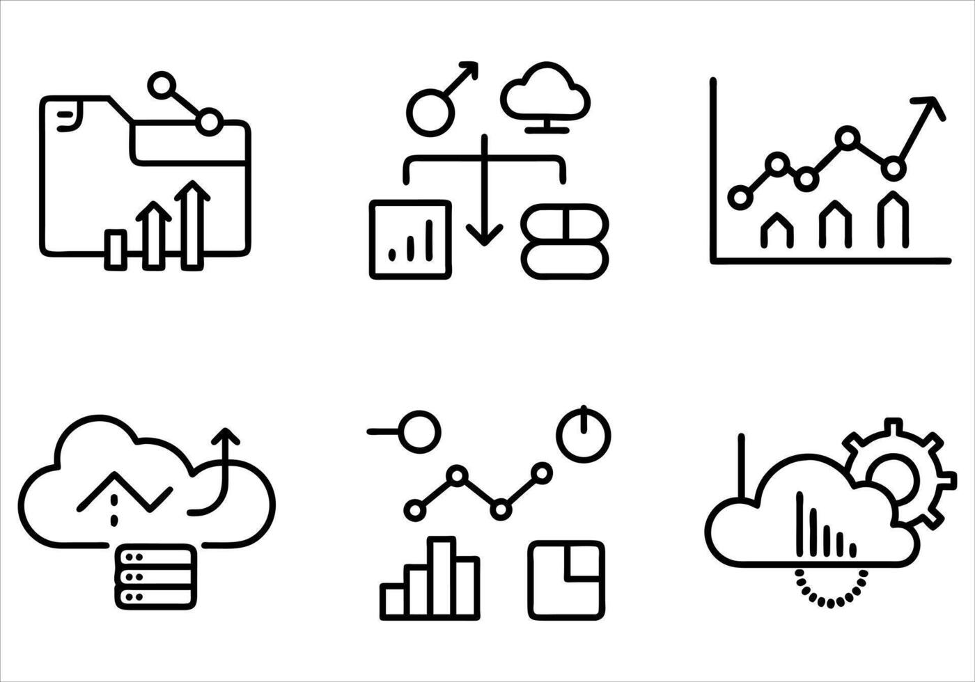 Data analysis set of web icons in line style. Data analytics icons for web and mobile app. Graphs, traffic analysis, data processing, performance. vector