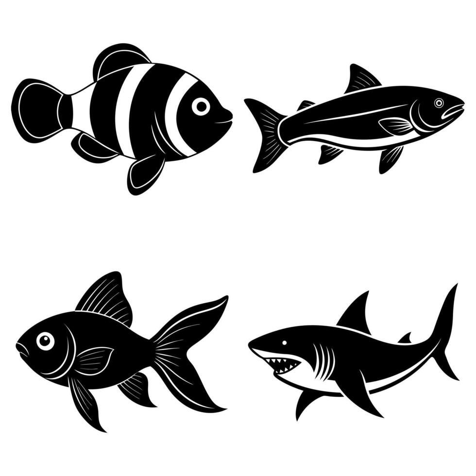 Clownfish, Salmon, Goldfish, and Shark Diverse Fish Silhouettes vector