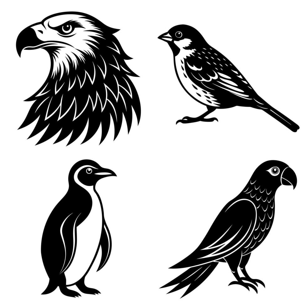 Eagle, Sparrow, Penguin, and Parrot Diverse Bird Silhouette vector