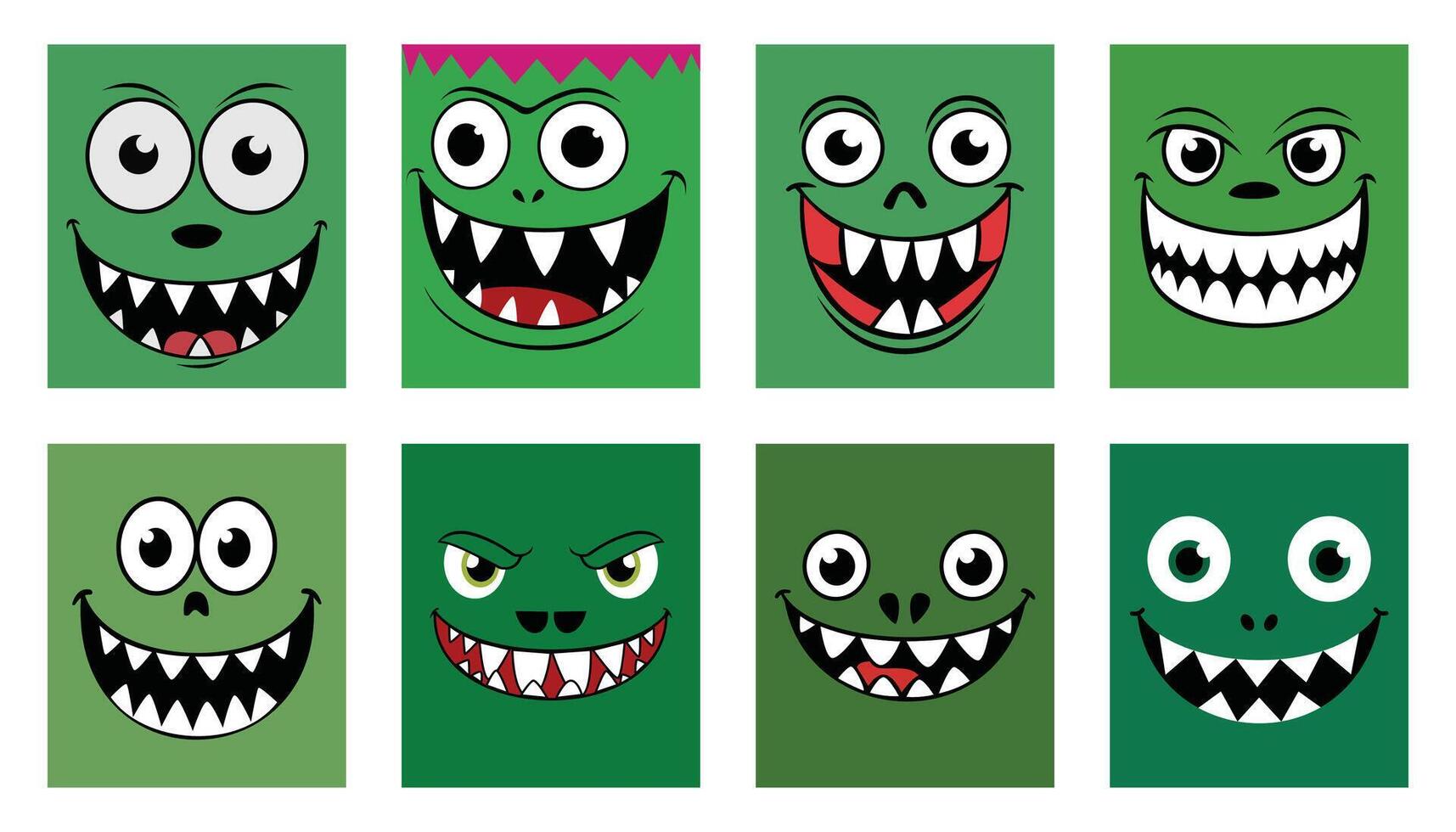 collection of green monster faces, each with a unique design displaying various emotions such as joy, mischief, and cheerfulness. vector
