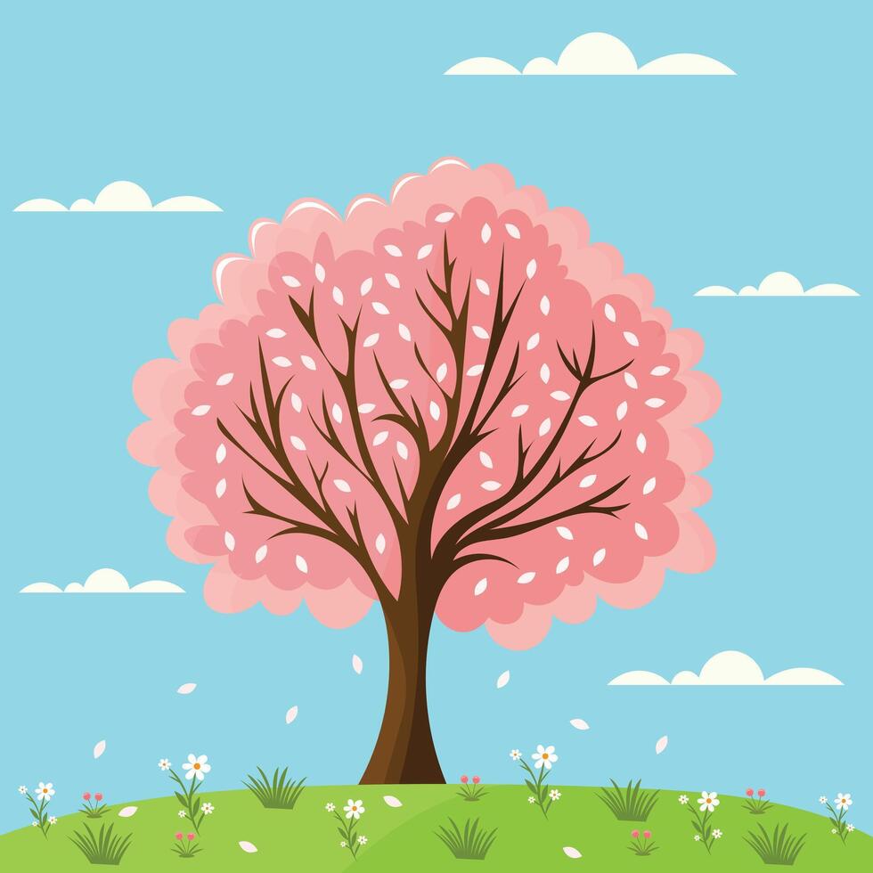beautiful blossom tree at spring flat illustration vector