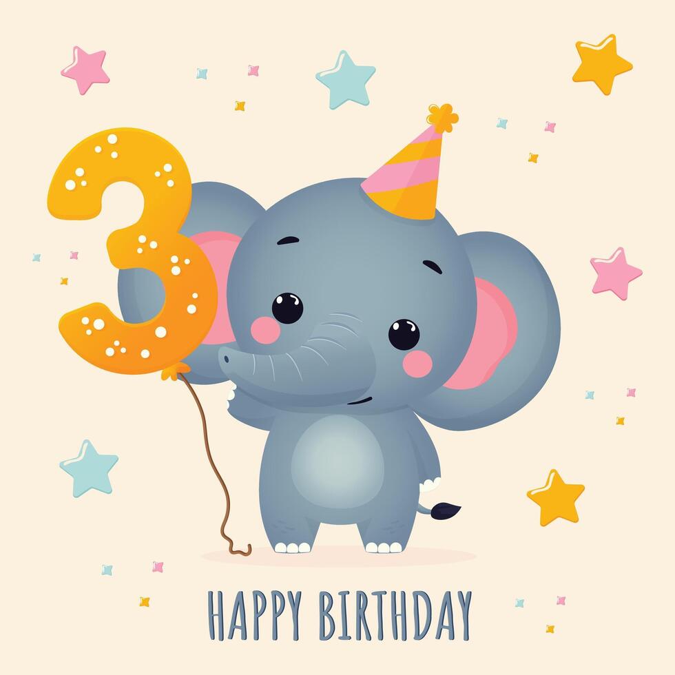Happy Birthday postcard with cute elephant and number three flat illustration vector