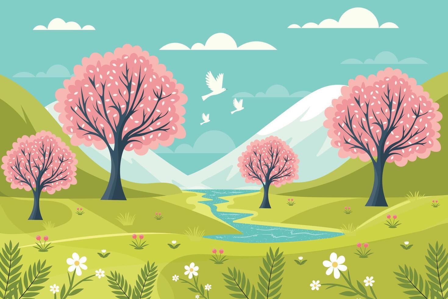 Spring landscape with blossoming trees and flowers flat illustration vector