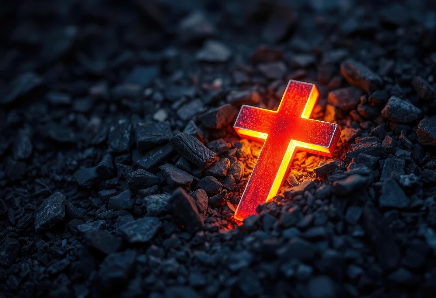 a red cross is sitting on top of a pile of coal photo