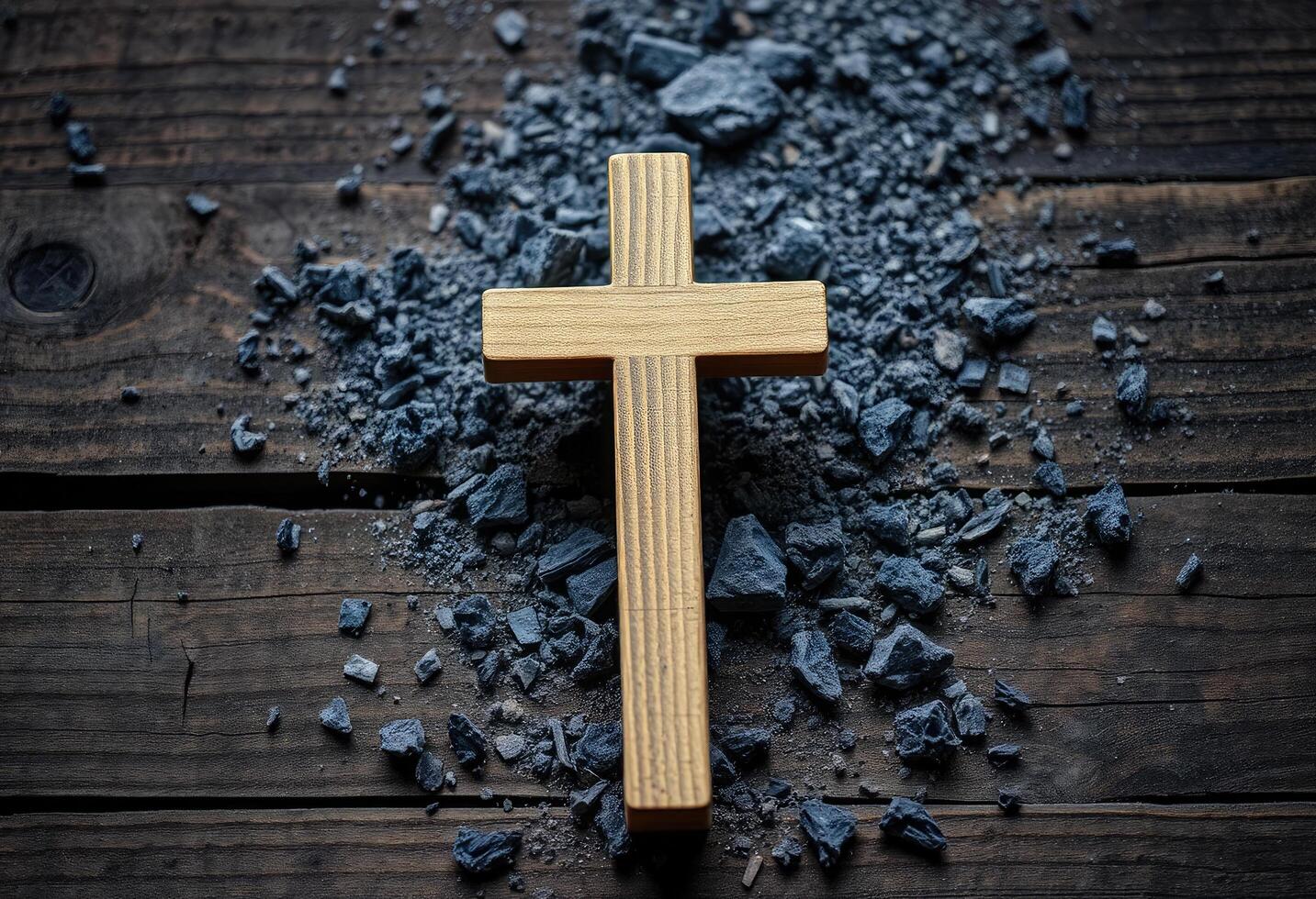 a wooden cross surrounded by black and gray rocks photo