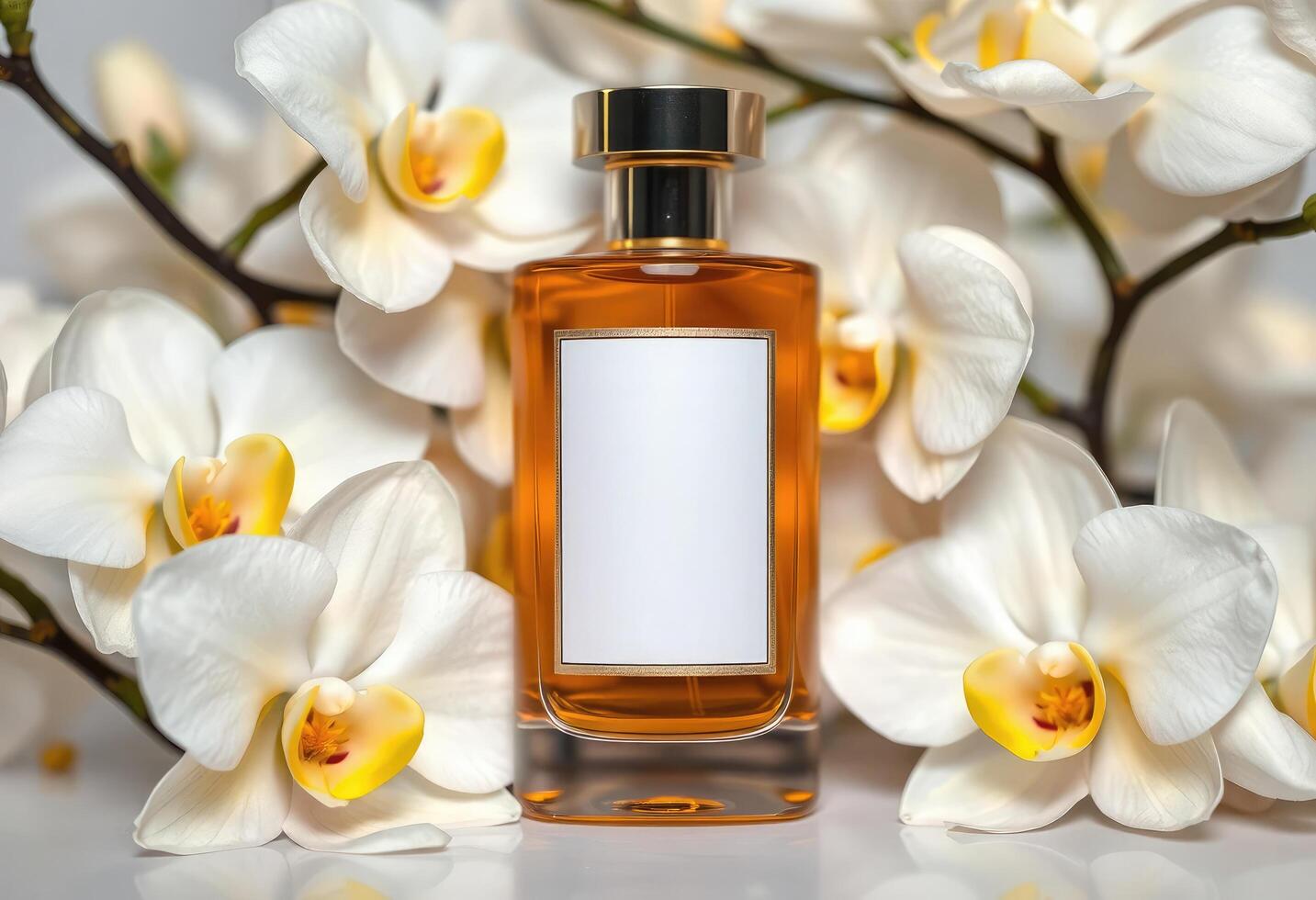 A bottle of perfume with white orchid flowers photo
