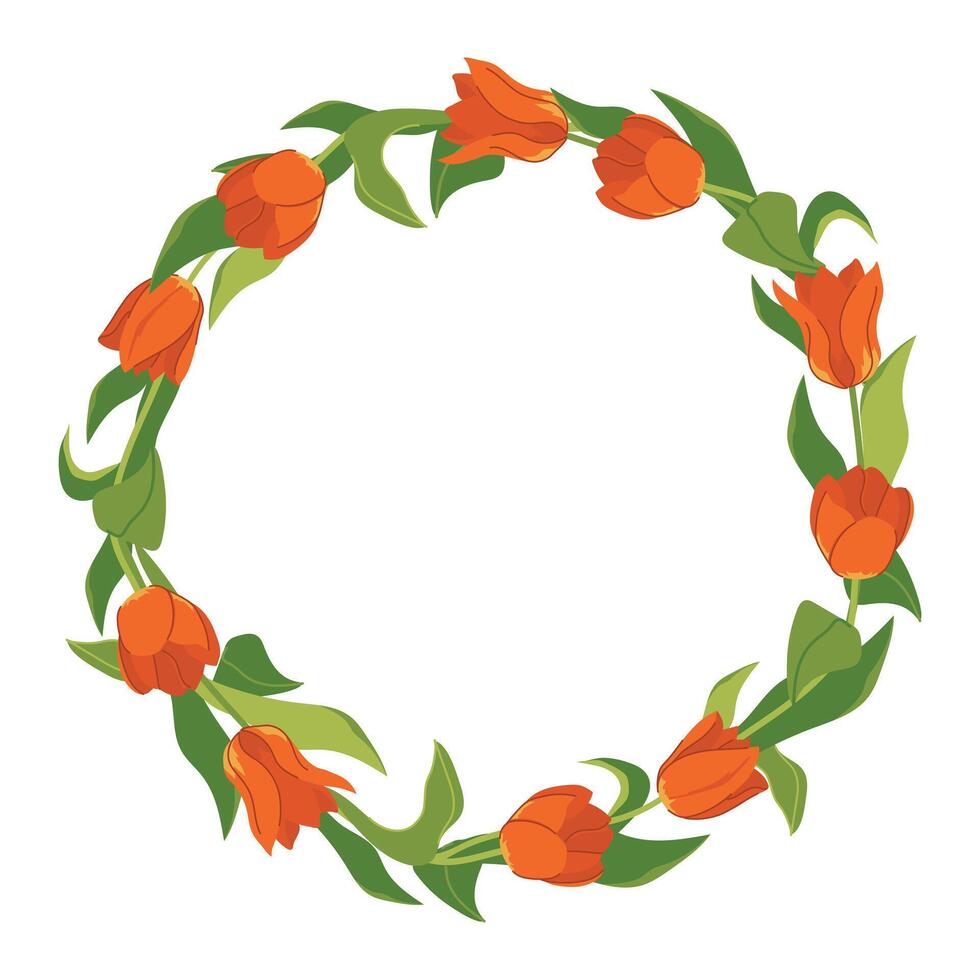 Beautiful wreath of tulips isolated on white background. Round frame of red spring flowers, gift for Mother's Day. Colorful illustration in flat style for wedding design. vector