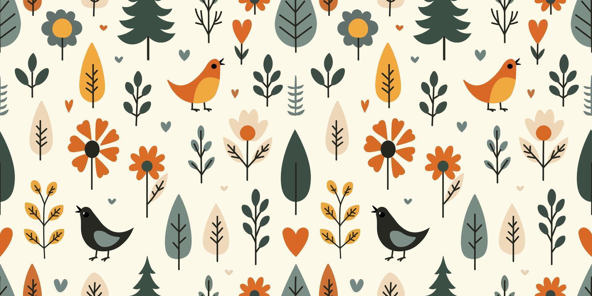 Cute Tree Birds and Flowers Scandinavian style In Seamless Pattern vector
